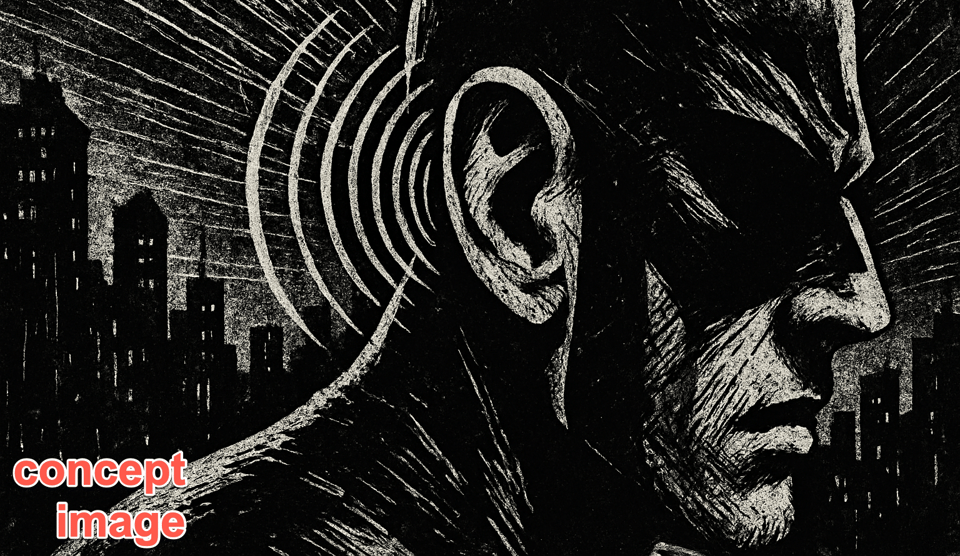 AI generated illustration of the ear of a masked superhero hearing a dark cityscape, with sound waves and sensory lines radiating from head as he perceives the world through heightened senses. AI generated illustration of the ear of a masked superhero hearing a dark cityscape, with sound waves and sensory lines radiating from head as he perceives the world through heightened senses.