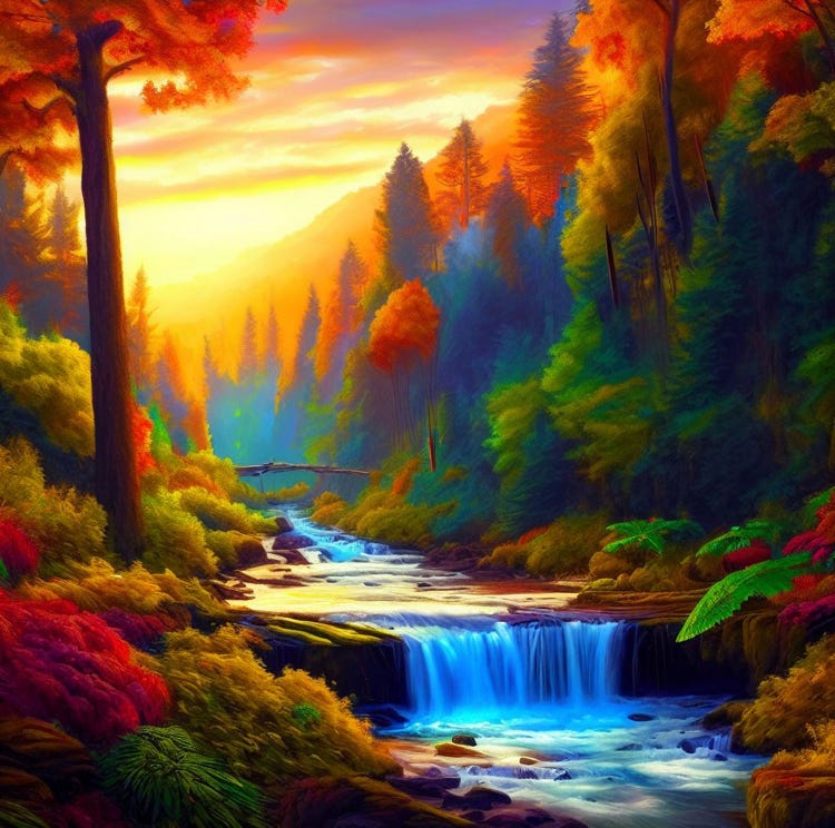 Fall forest with red, orange, purpose and green leaves, sunset along the river