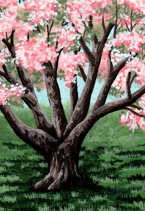 Painting 1: 3 Runner Ducks in a garden, Painting 2: Magnolia Tree in bloom, Painting 3: Easter basket with dyed eggs