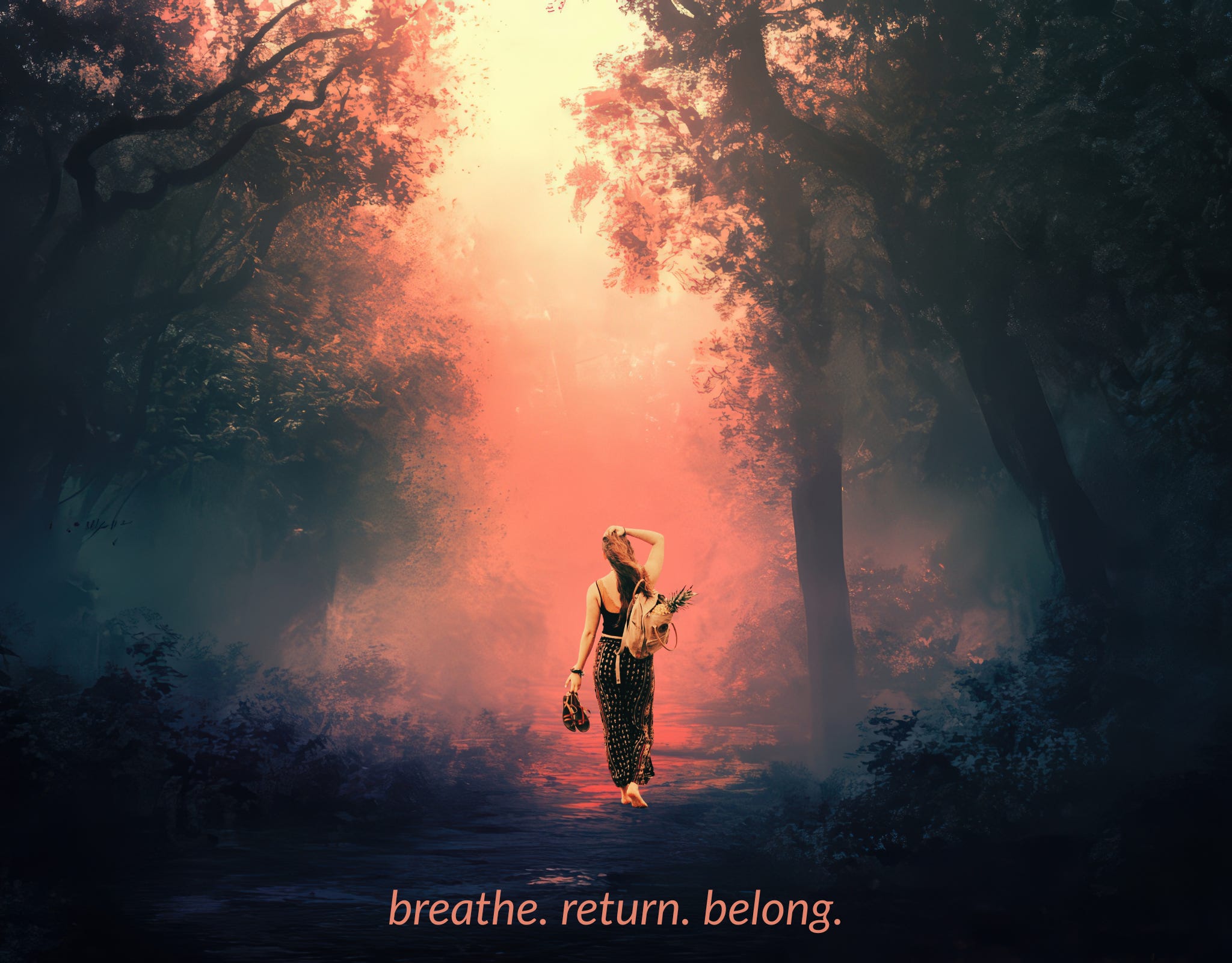 A woman walks barefoot along a shadowed forest path toward a glowing, warm light ahead, symbolizing a journey from heaviness into peace, from guilt into grace, and a gentle return to inner homecoming. The Quiet Alchemy of Grace: When Guilt Softens, Breath Deepens, and the Soul Comes Home  A contemplative practice to release guilt, deepen breath, and return to inner peace