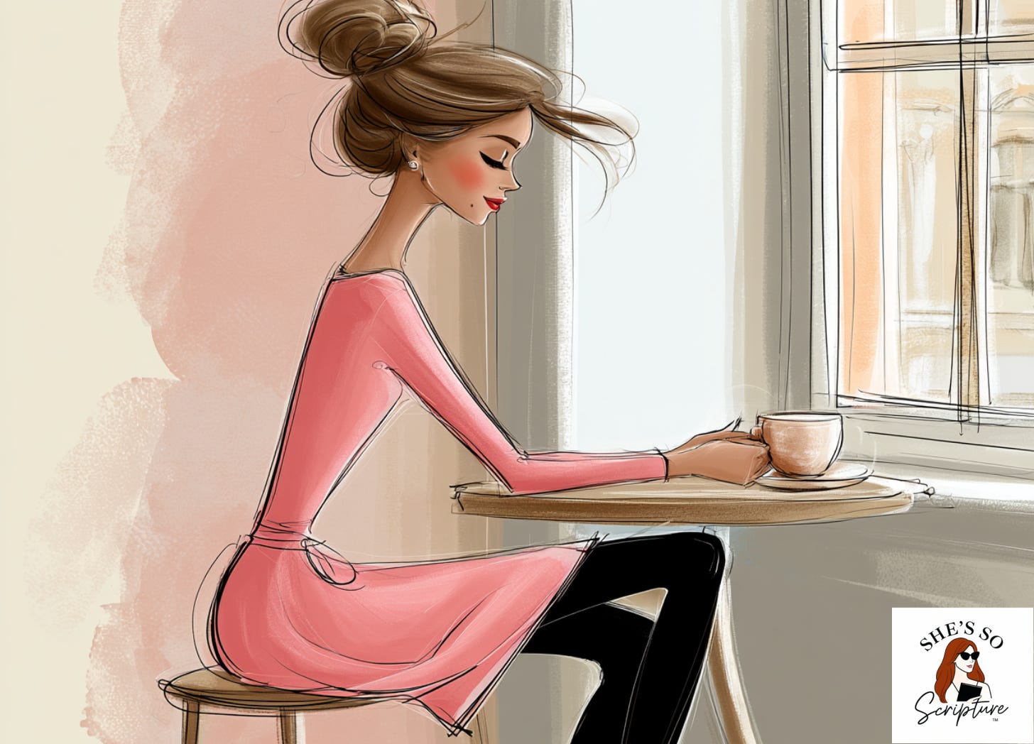 A woman sits quietly at a wooden table near a window holding a warm cup of tea, head bowed in reflection as soft morning light fills the room.