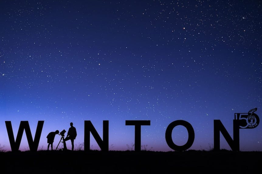 Silhouette of large letters reading WINTON, with two people and a telescope beneath a starry sky. Silhouette of large letters reading WINTON, with two people and a telescope beneath a starry sky.