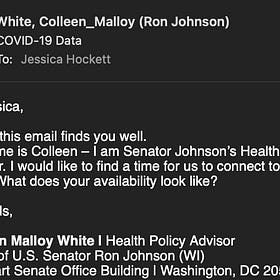 Senator Ron Johnson's Health Policy Advisor Has Responded to My Email About the New York City Spring 2020 Event