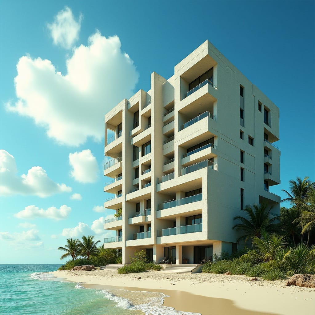 Modern 20-unit Jamaican apartment block in Ochi Rios, situated on a scenic beech coast, with a bold, futuristic design featuring numerous rectangular and square windows, expansive multi-level openings, and protruding balconies, set against a vibrant blue sky with puffy white clouds.