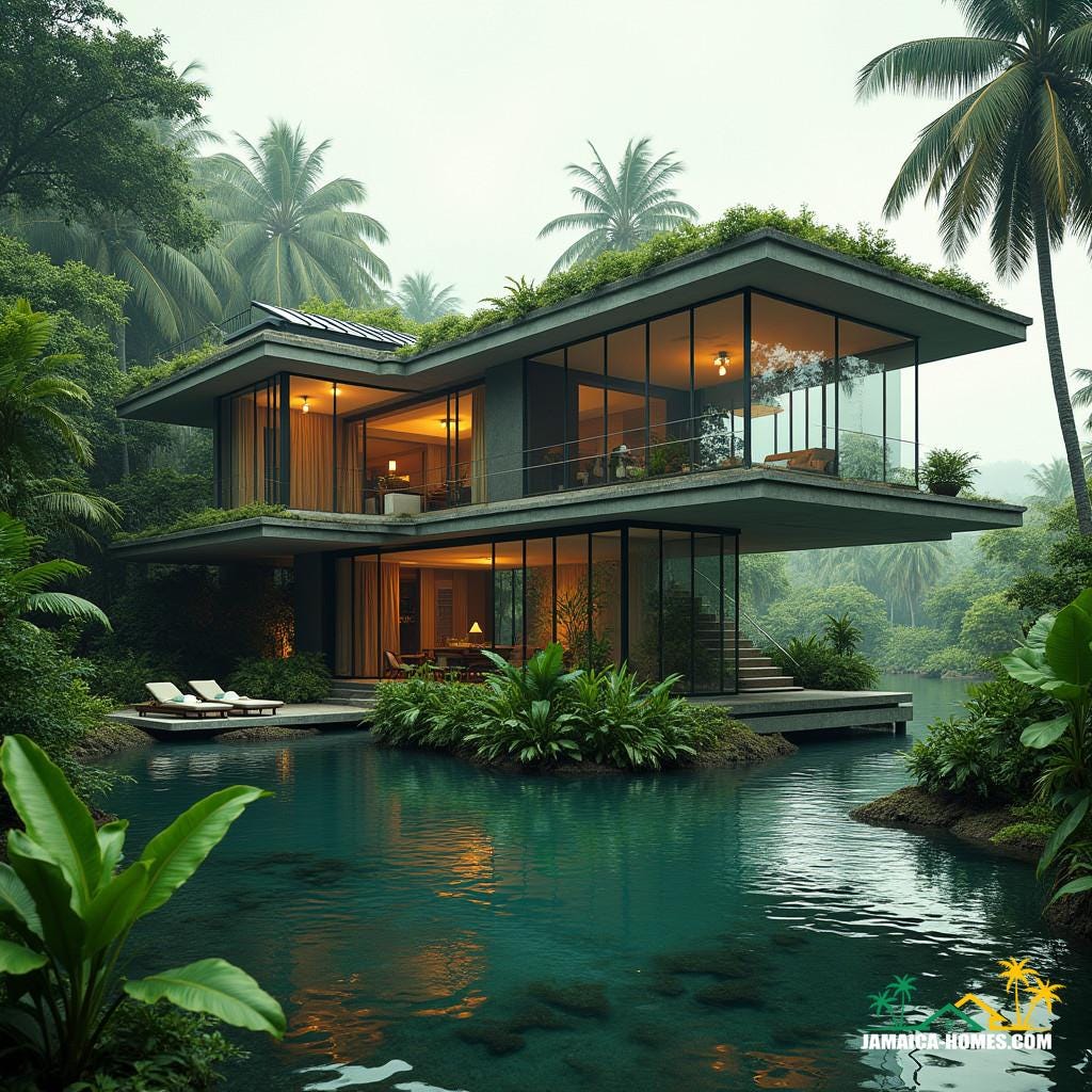 A majestic, modern, upside-down house in Jamaica, with extensive glass surfaces and protruding windows, seamlessly blending into the lush Caribbean surroundings, showcasing a perfect synergy of sustainability and luxury, featuring solar panels and a state-of-the-art water harvesting system, nestled beside a serene pond, evoking a sense of tranquility and harmony with nature