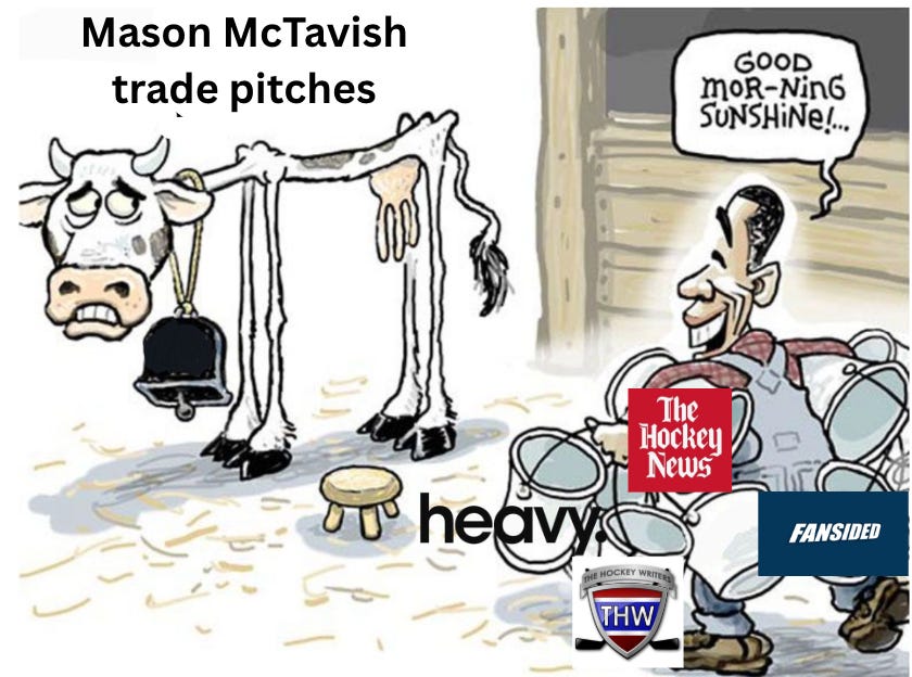 Hockey journalists milking a tired cow with a mason mctavish caption
