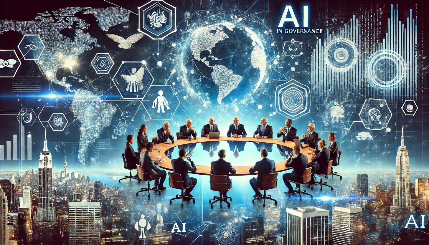 A banner illustrating the transformation of governance with AI, featuring global leaders and AI experts collaborating around a digital table. Surround them with holographic data, AI symbols, and futuristic elements. The background should blend global landmarks with futuristic cityscapes, symbolizing the integration of AI in governance. The atmosphere is innovative and forward-thinking, with digital elements and advanced technology prominently displayed. No text in the image.