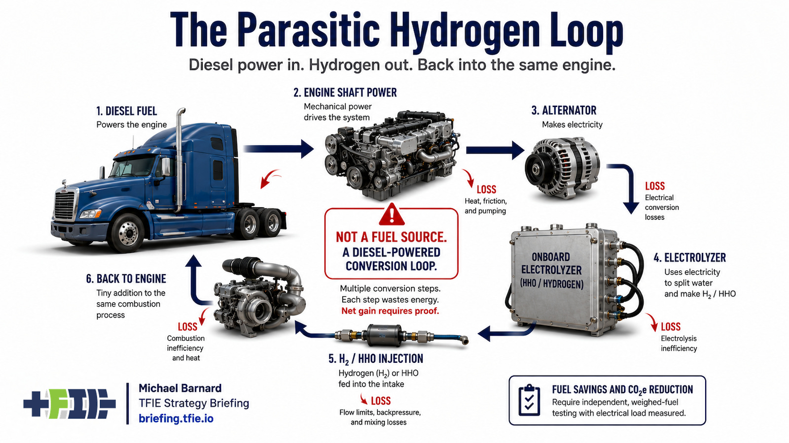 Loop diagram showing diesel powering an alternator, electrolyzer and hydrogen injection path with losses at each step.