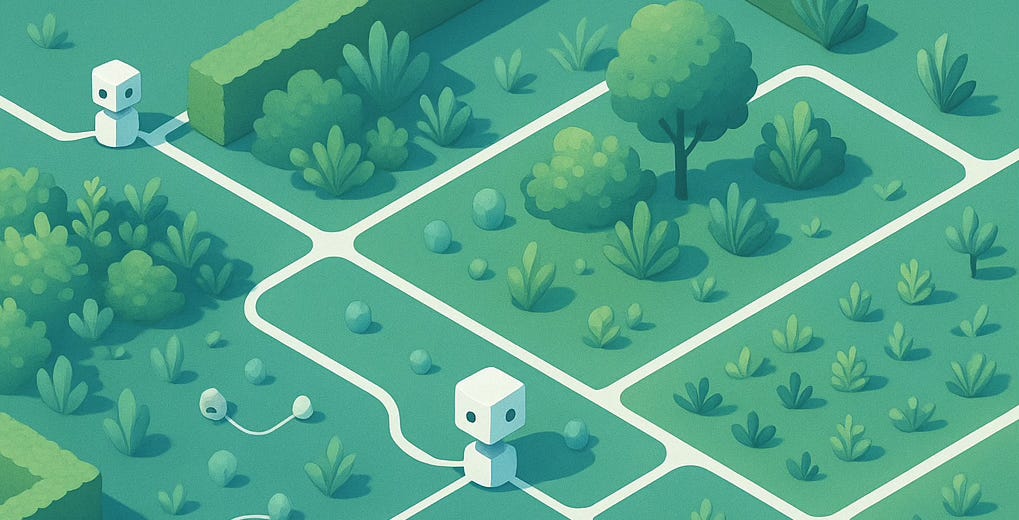Isometric illustration of a modern digital garden representing a tech ecosystem. Small white geometric robot-like AI nodes are connected by clean white pathways forming an organized network. Some garden sections are lush with dense greenery, while others are sparse and neatly maintained. The scene uses a blue-green palette with white accents, creating a professional and optimistic corporate aesthetic.