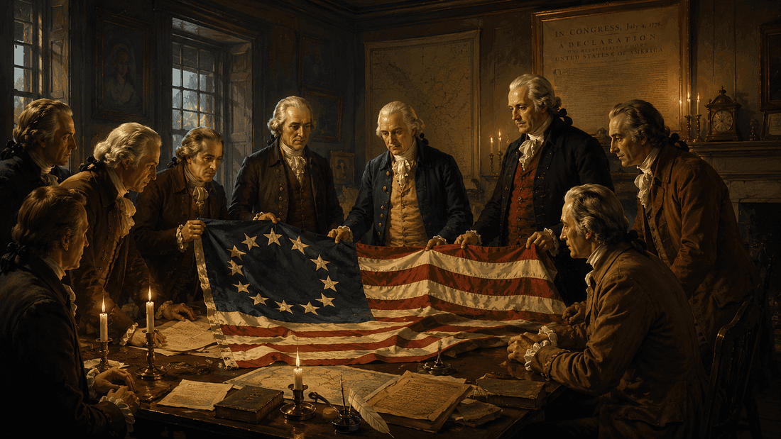 Early American flag with thirteen stars and stripes displayed in a colonial setting