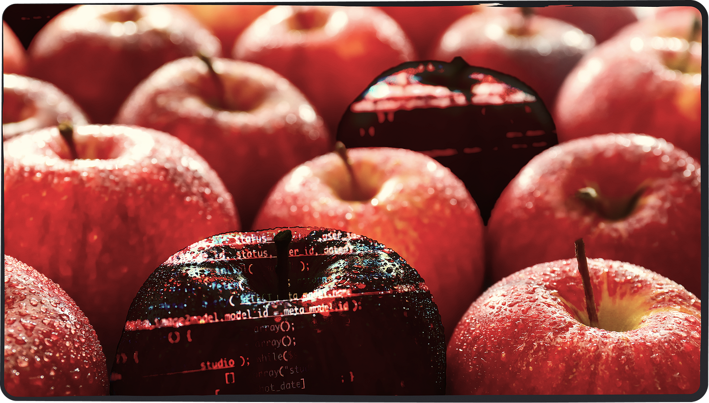 A photo of some apples, with a few of them overlayed with computer code.