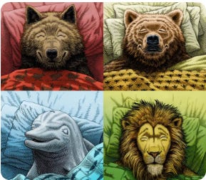 Lobo, urso, golfinho e leão, cada um deitado na sua cama, dormindo.