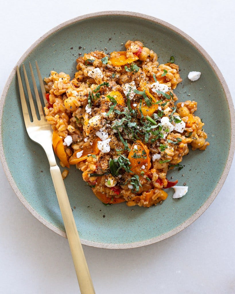 Finished Sungold Tomato Farro with Basil & Feta