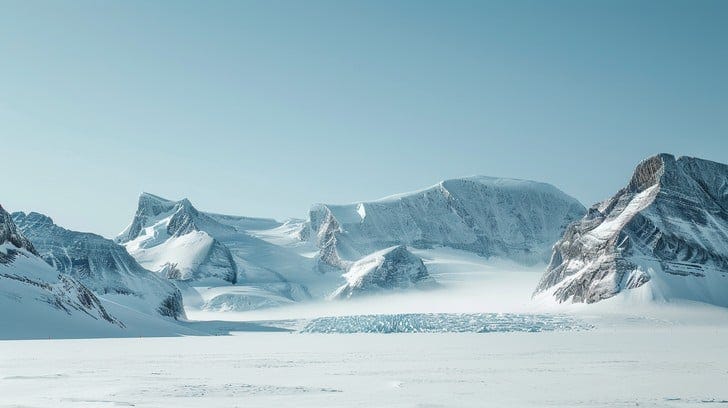 This breathtaking photograph captures the vast, pristine beauty of the Arctic landscape. The crystal-clear blue sky contrasts sharply with the stark white of the snow-covered mountains and the icy surface below. The rugged peaks, sculpted by centuries of weathering, stand as silent sentinels over the frozen terrain. This tranquil yet harsh environment epitomizes the untouched and serene wilderness that is characteristic of the Earth's polar regions.