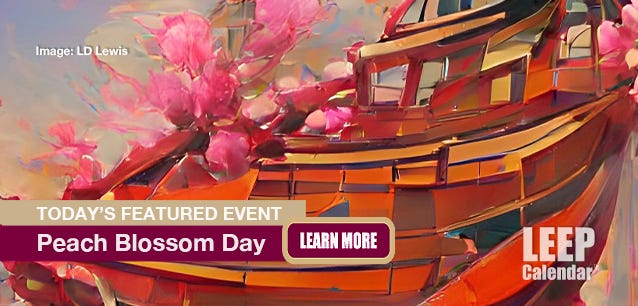 Chinese junk covered in peach blossoms heading into Shangri-la. Image LD Lewis