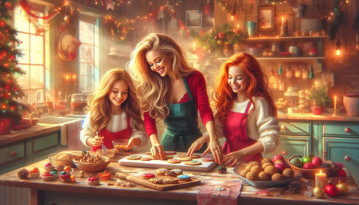 Two beautiful young women, one blonde, and one redhead, assist their pretty blonde mother as they prepare Christmas cookies in a large kitchen. Slight impressionist style.