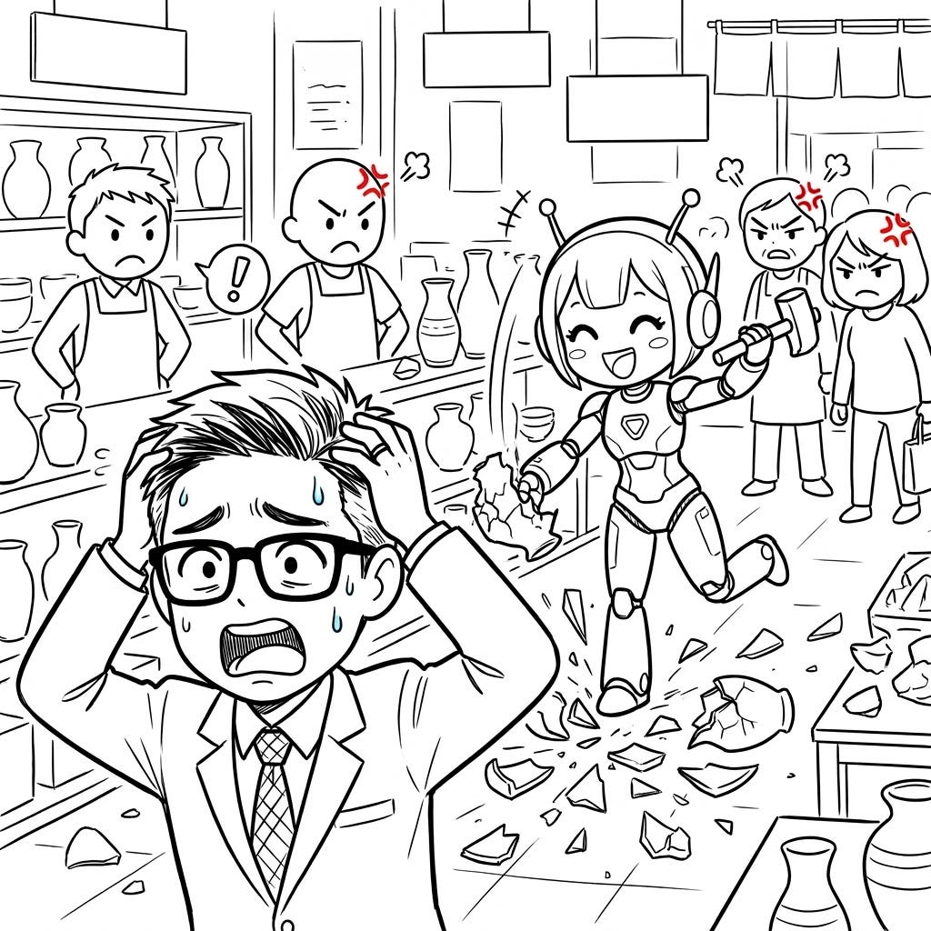 AI chatbot robot smashing up a vase shop, while a man in a suit panics. Patrons and staff are angry. AI chatbot robot smashing up a vase shop, while a man in a suit panics. Patrons and staff are angry.