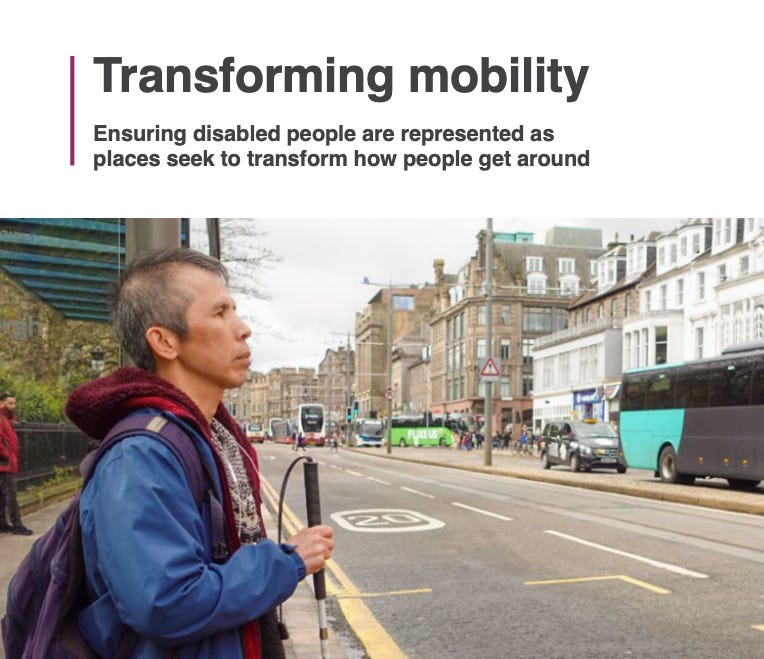 Cover of the report, a blind Asian man at a bus stop