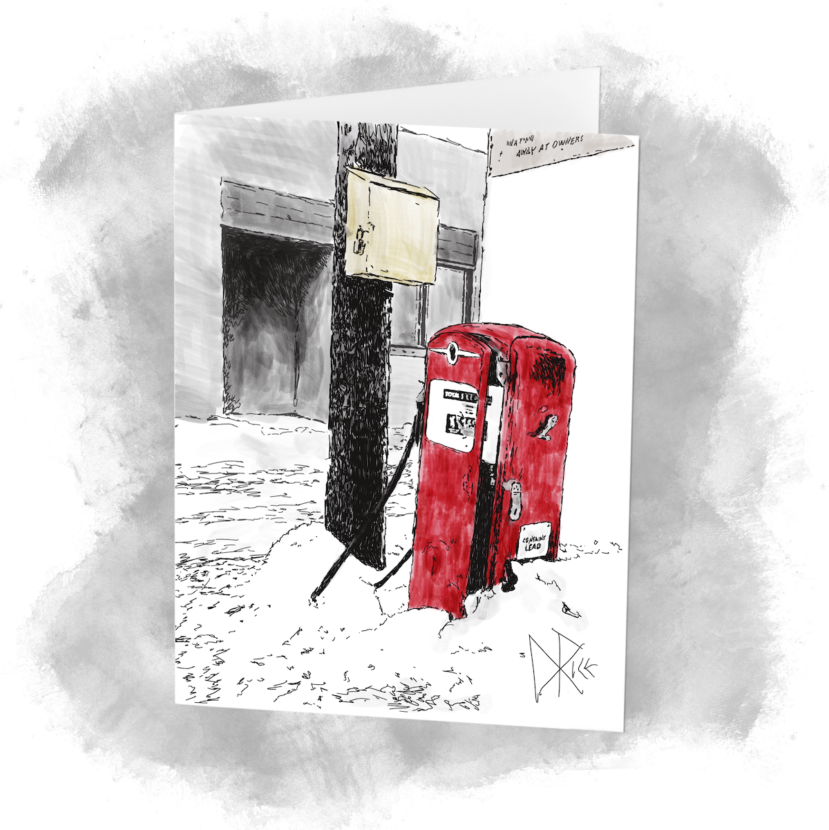 An old gas pump, left as rubbish in a snowy alley. Sketch art by Don Rice. An old gas pump, left as rubbish in a snowy alley. Sketch art by Don Rice.