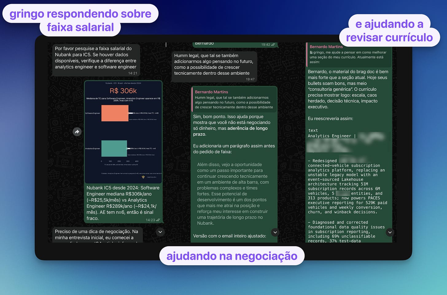 Montagem redigida de conversas no WhatsApp mostrando o Gringo ajudando Bernardo no processo para Analytics Engineer no Nubank, com faixa salarial, negociação e revisão de currículo Montagem redigida de conversas no WhatsApp mostrando o Gringo ajudando Bernardo no processo para Analytics Engineer no Nubank, com faixa salarial, negociação e revisão de currículo