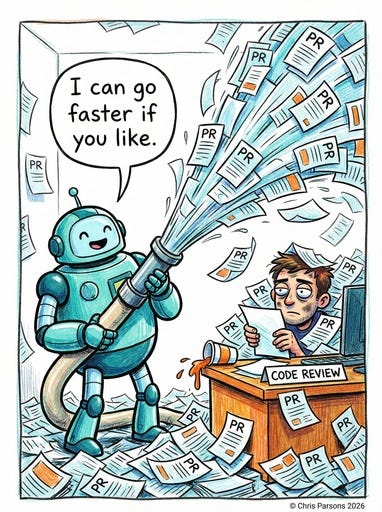 Comic: a cheerful robot hoses a torrent of PR papers at an exhausted developer at a desk labelled 'CODE REVIEW', saying 'I can go faster if you like.' PRs cover the floor.