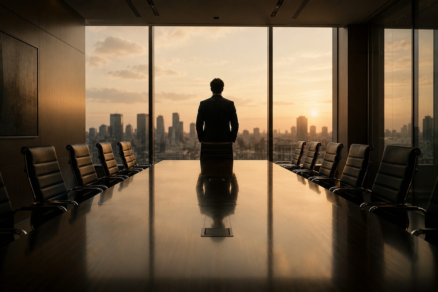 A business leader stands alone in an empty boardroom overlooking a city skyline, reflecting on leadership, organizational trust, and company values. A business leader stands alone in an empty boardroom overlooking a city skyline, reflecting on leadership, organizational trust, and company values.