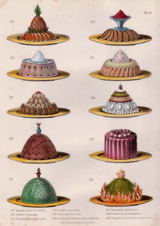 This may contain: an old book with many different types of cakes on it