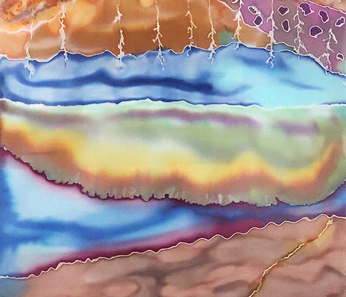 Horizontal layers of blue and grey painted on silk with gold accent showing underground water between rock strata Horizontal layers of blue and grey painted on silk with gold accent showing underground water between rock strata