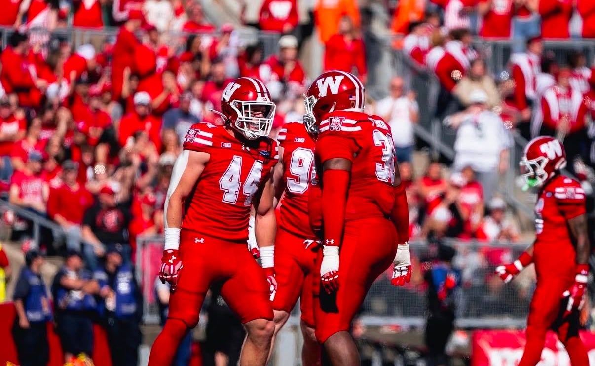 Wisconsin defenders Cooper Catalano and Charles Perkins celebrate during the Badgers’ win over Michigan State. Wisconsin defenders Cooper Catalano and Charles Perkins celebrate during the Badgers’ win over Michigan State.