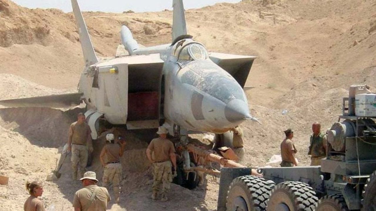 Iraqi Air Force fighter jets were buried in the desert by Saddam Hussein  before Operation Iraqi Freedom started.