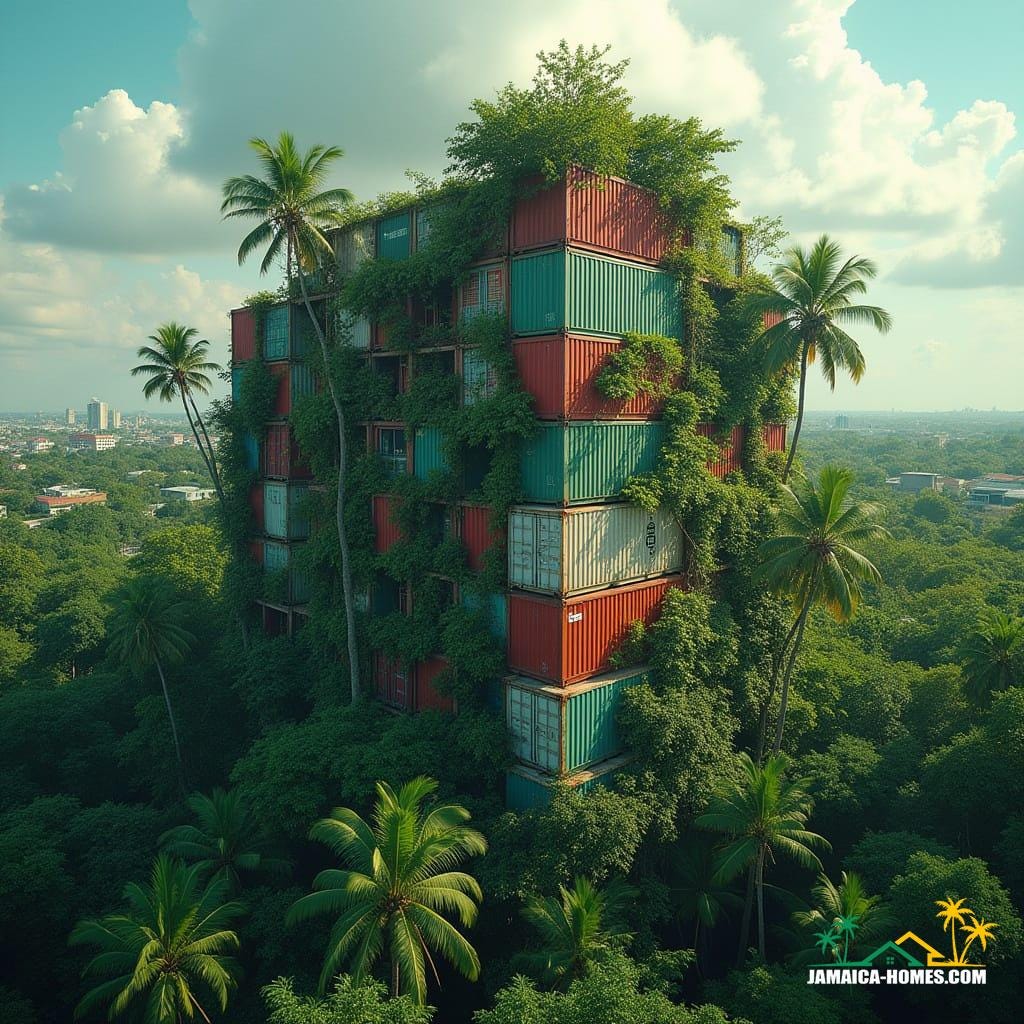 Vertical Jungle Towers: Biophilic skyscrapers where vines and tropical trees weave through stacked container homes