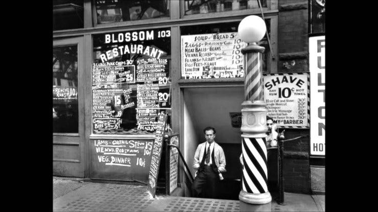 Bernice Abbott, ”Blossom Restaurant, 103 Bowery between Grand and Hester Streets”, taken on 24 October 1935. Bernice Abbott, ”Blossom Restaurant, 103 Bowery between Grand and Hester Streets”, taken on 24 October 1935.