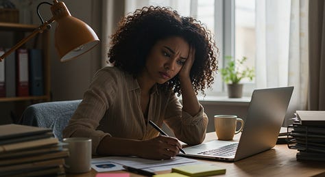 Image of a woman looking burdened by the thought of writing