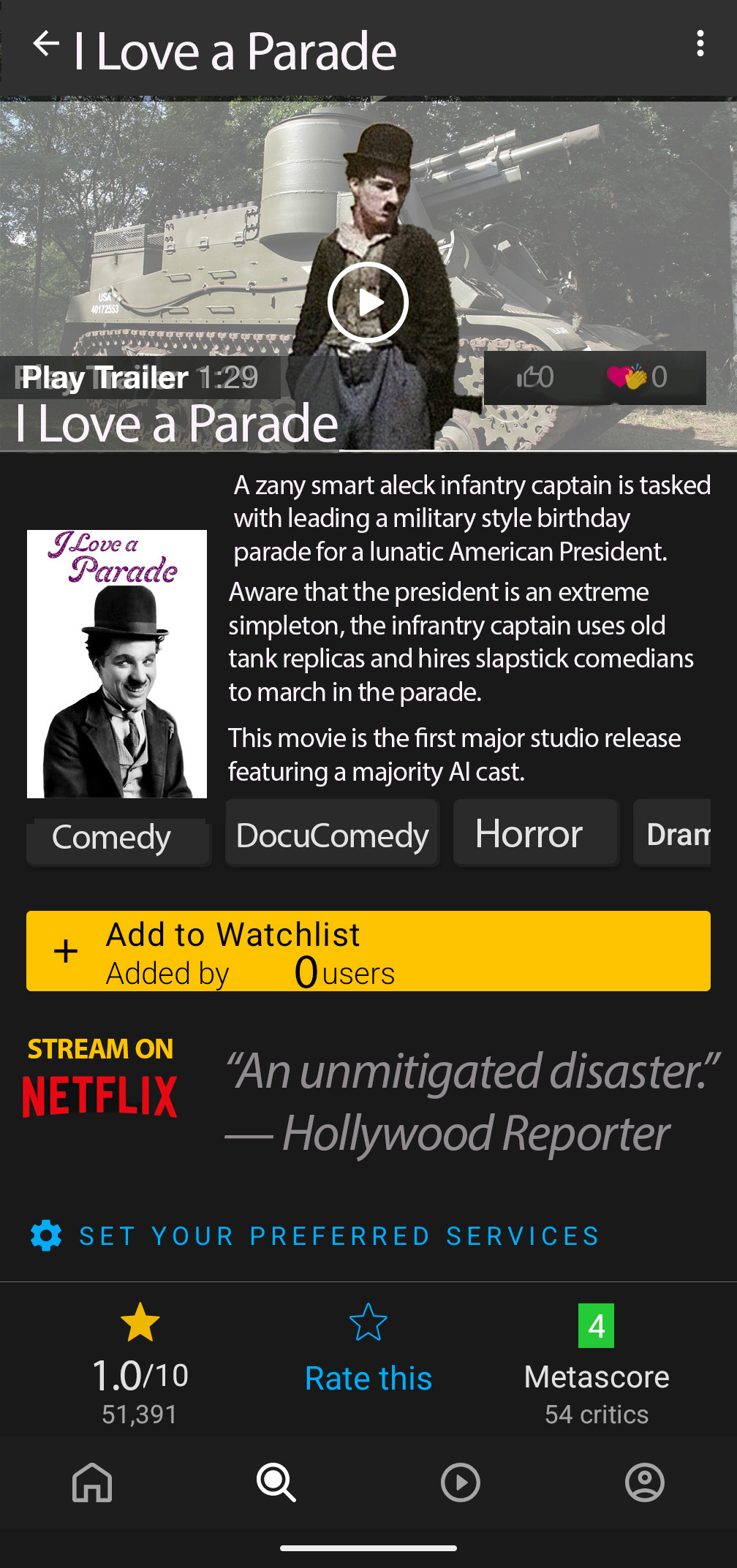 IMDB style graphic for the movie with this blurb: A zany smart aleck infantry captain is tasked with leading a military style birthday  parade for a lunatic American President.  Aware that the president is an extreme simpleton, the infrantry captain uses old  tank replicas and hires slapstick comedians to march in the parade.  This movie is the first major studio release featuring a majority AI cast.
