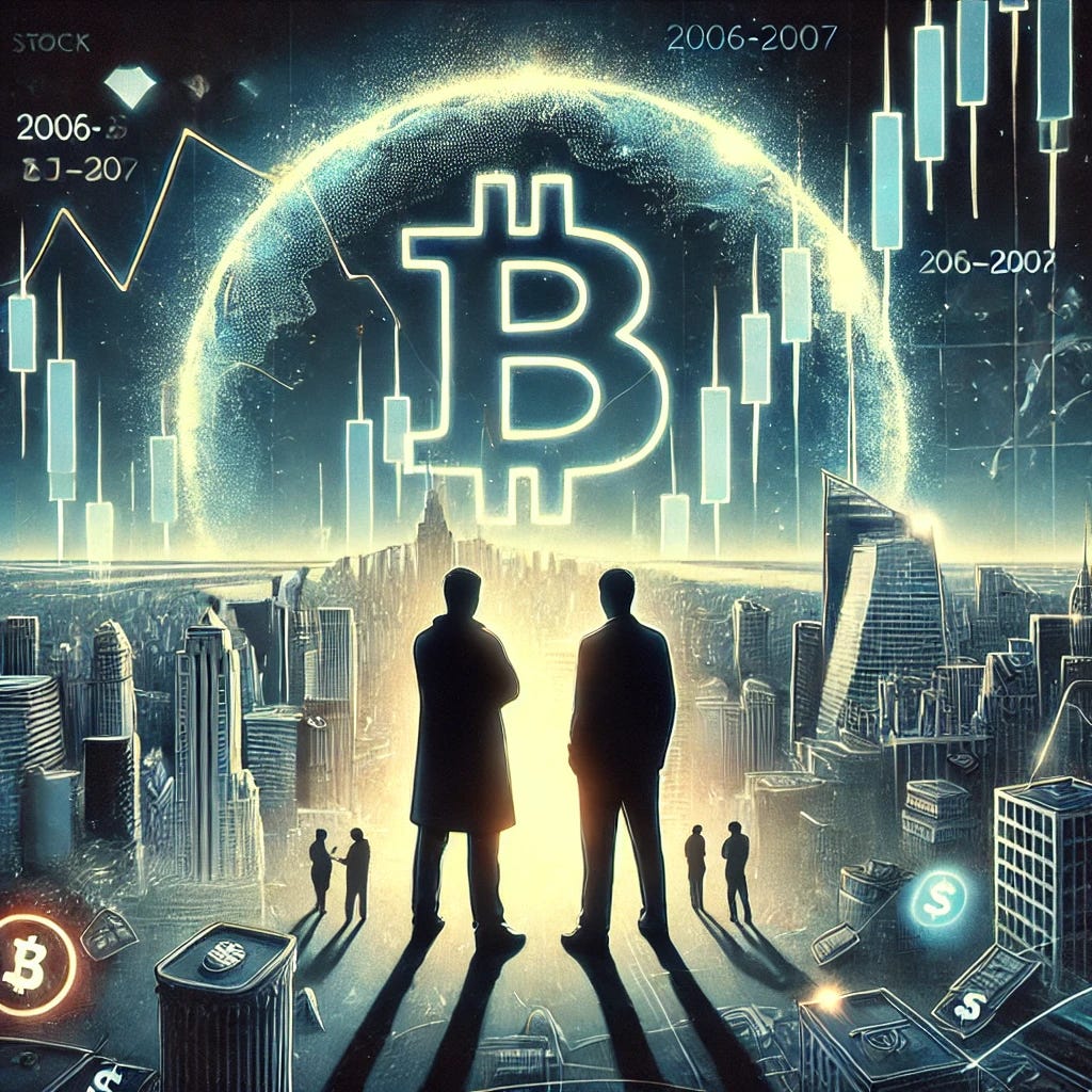 A symbolic, futuristic illustration of two shadowy silhouettes representing Satoshi Nakamoto, observing a financial collapse in the background. The scene depicts a city skyline with crashing stock market graphs, signs of real estate speculation in 2006-2007, and people confused by the opacity of financial systems. The two figures stand in the foreground, their presence subtle but watchful, as if witnessing history unfold while waiting for the right moment. The atmosphere is a mix of realism and surrealism, with glowing digital elements representing Bitcoin's emergence from the chaos.