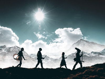 Silhouetted figures walk in a line across a ridge under a bright sun in a dramatic mountain landscape. The group appears to be on a journey, carrying fantasy-style gear but with instruments. Snow-capped mountains rise in the background beneath large clouds and a radiant sunburst in the sky, evoking the feeling of an epic fellowship traveling across Middle-earth.