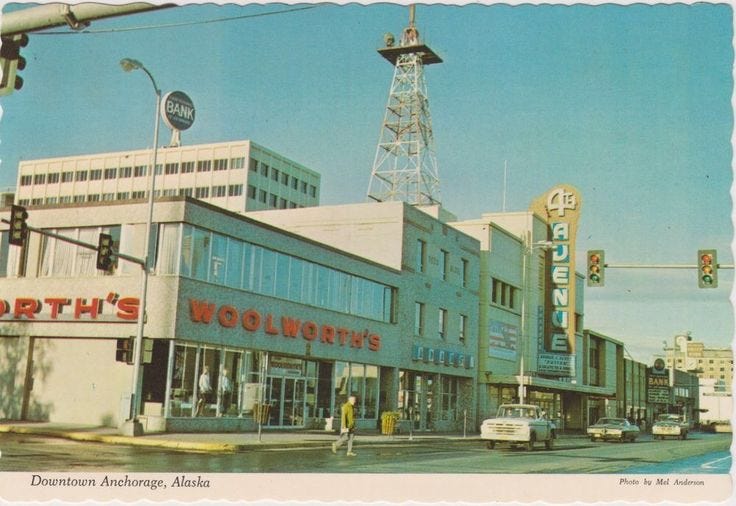 Woolworth's and the 4th Avenue theatre in Anchorage, Alaska.