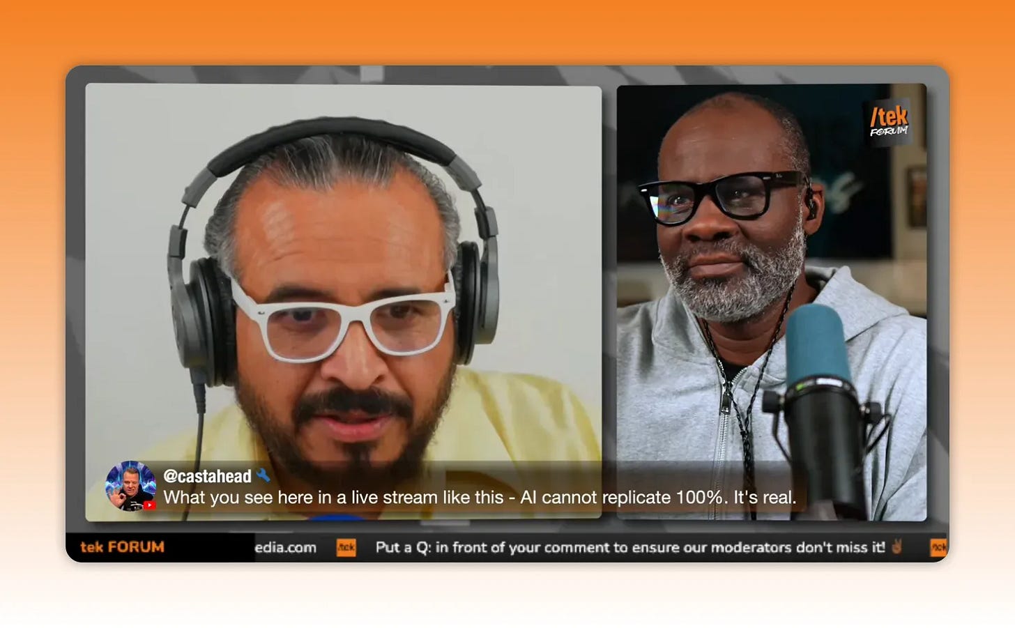 Two hosts on a livestream with visible chat text: 'AI cannot replicate 100%.'