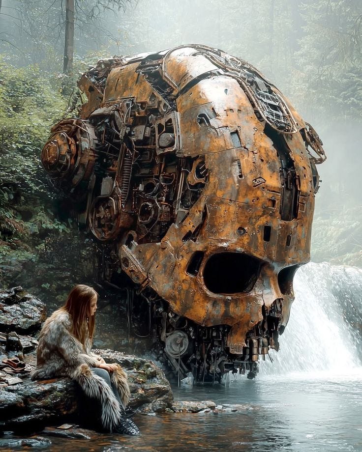 This may contain: a woman sitting next to a giant metal object in the water with waterfall behind her