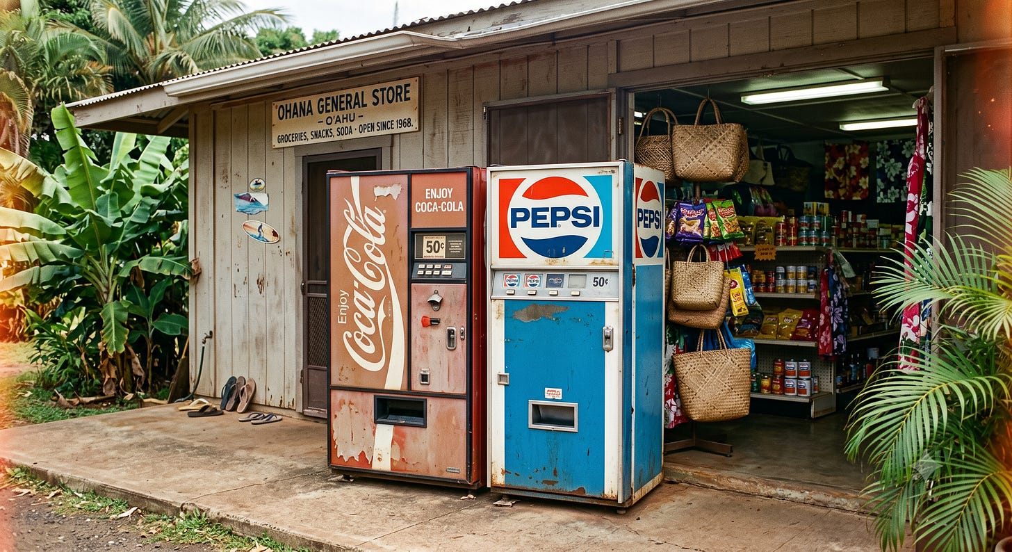 vintage, circa 1979 snapshot of two weather-worn outdoor soda machines at a small general store in O'ahu