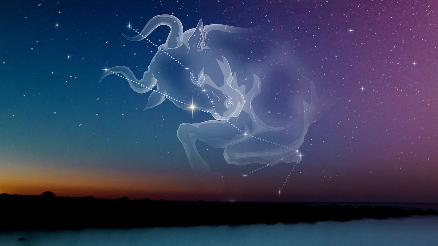 A photo of the horizon at night sky, with dark blue and purple above and a smudge of fading orange-yellow-red light in the bottom lefthand corner. The constellation Taurus is traced out through the stars in the sky and a rendition of a kneeling bull is superimposed over the stars, showing how the constellation is supposed to look. A photo of the horizon at night sky, with dark blue and purple above and a smudge of fading orange-yellow-red light in the bottom lefthand corner. The constellation Taurus is traced out through the stars in the sky and a rendition of a kneeling bull is superimposed over the stars, showing how the constellation is supposed to look.