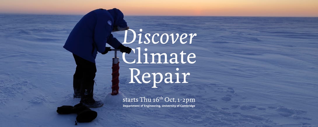 Discover Climate Repair banner with image of person operating drill in the Arctic
