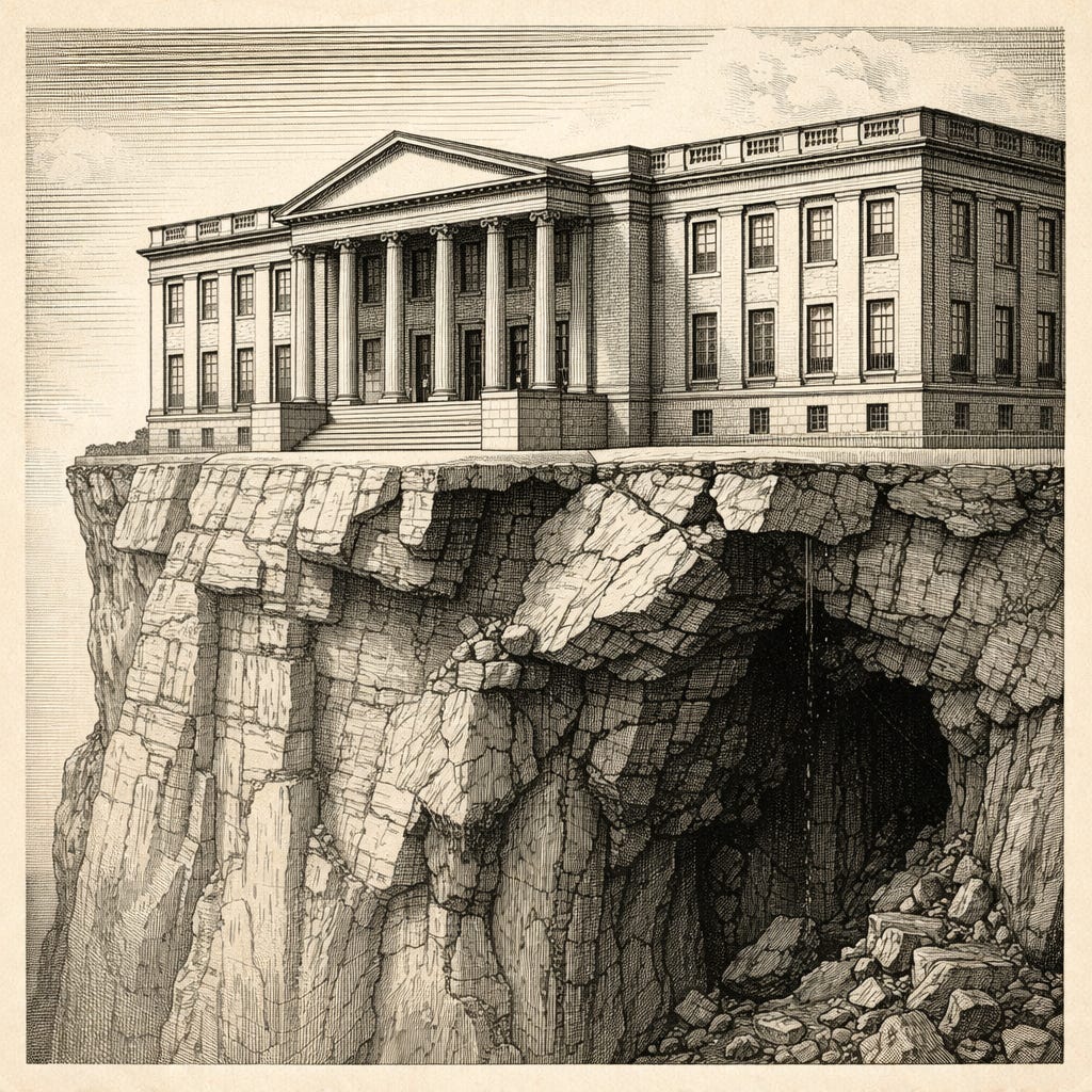 Black-and-white architectural illustration of a stately institutional building standing intact at the edge of a cliff, while the rock beneath it is visibly cracked and eroding away. Black-and-white architectural illustration of a stately institutional building standing intact at the edge of a cliff, while the rock beneath it is visibly cracked and eroding away.