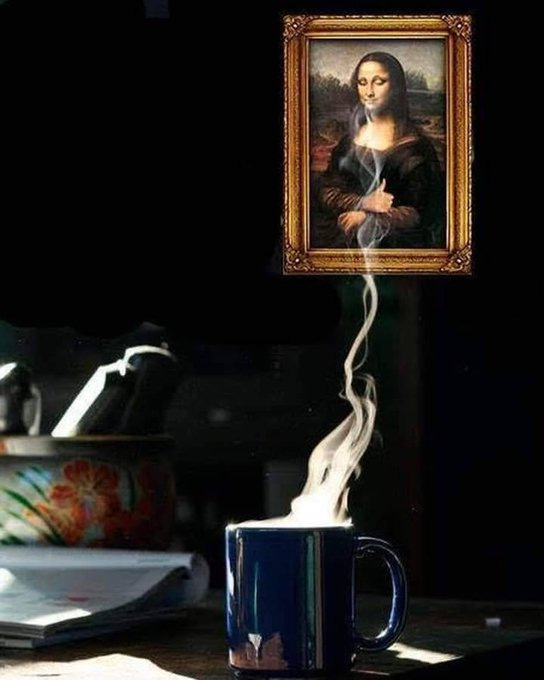 The Mona Lisa painting by Leonardo da Vinci is displayed in a gold frame, with the subject wearing a dark dress and headscarf, holding a blue ceramic mug emitting white smoke that rises and connects to her mouth as if she is smoking from it. A decorative bowl with floral patterns sits nearby on a surface with scattered papers and a small object. The background is dark, emphasizing the artwork and mug.
