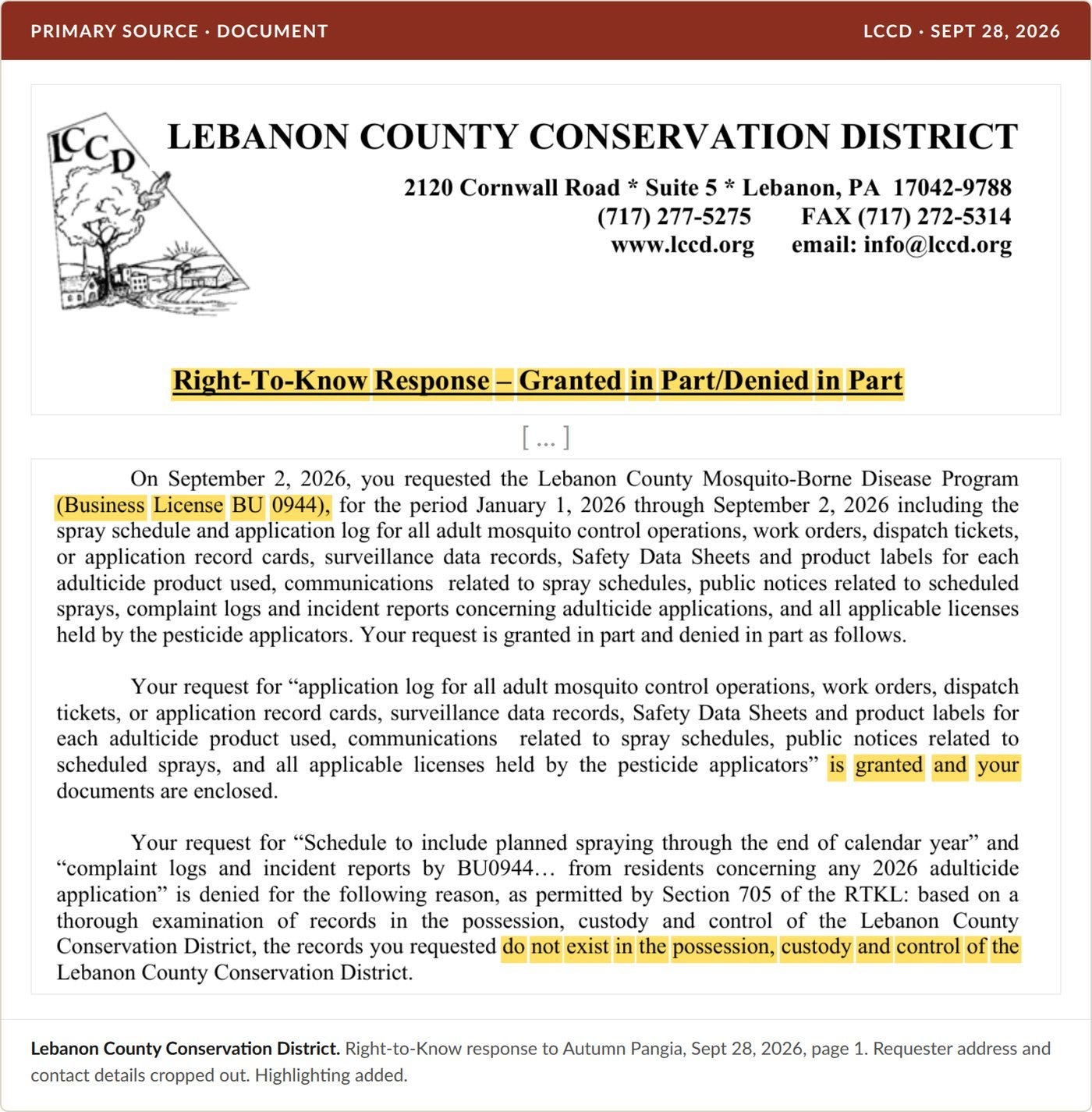 Lebanon County Conservation District Right-to-Know response, Sept 28, 2026. The requester's details are cropped out. Highlighting added.