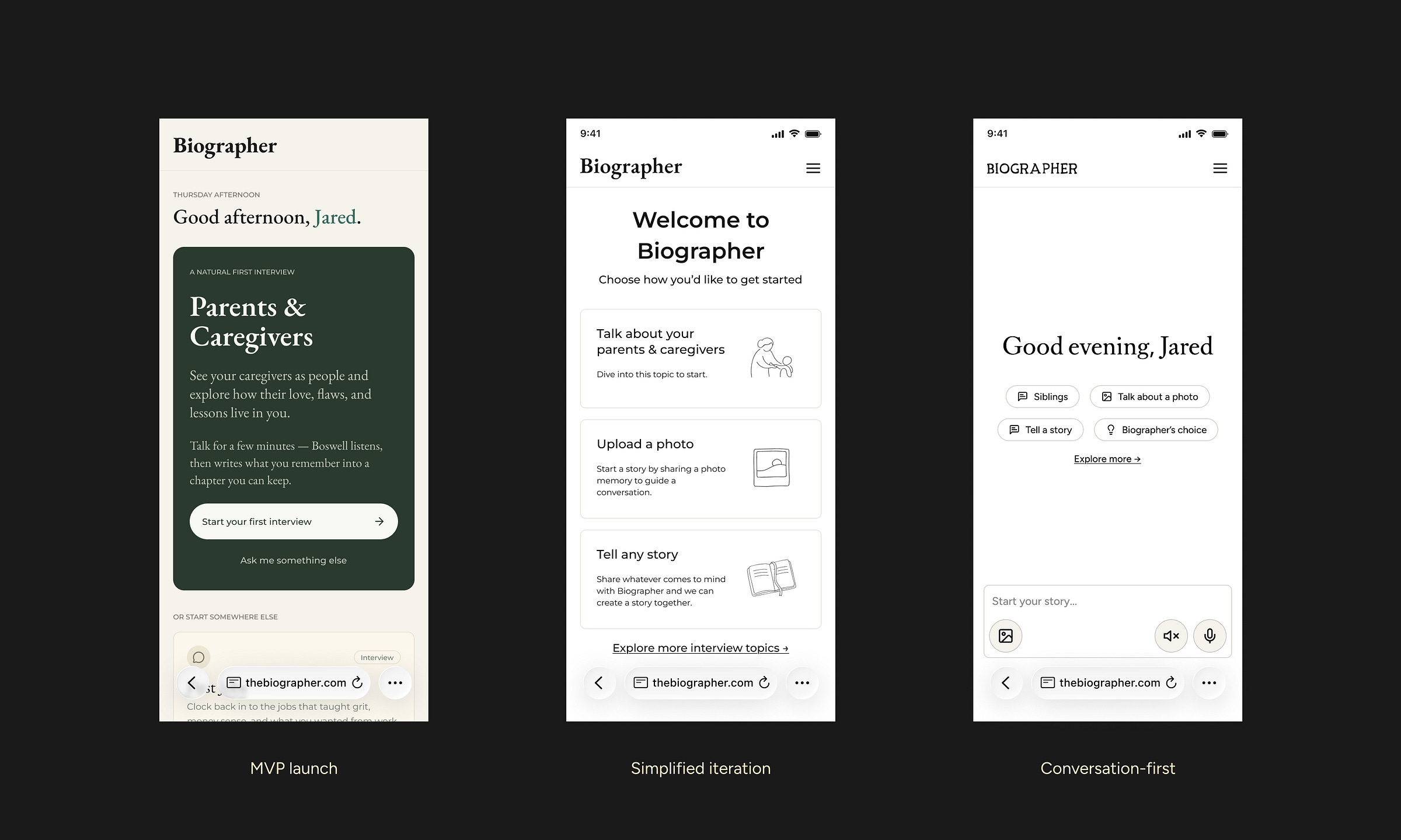 3 screens showing the MVP, simplified iteration, and conversation-first mobile signed-in homepage 3 screens showing the MVP, simplified iteration, and conversation-first mobile signed-in homepage