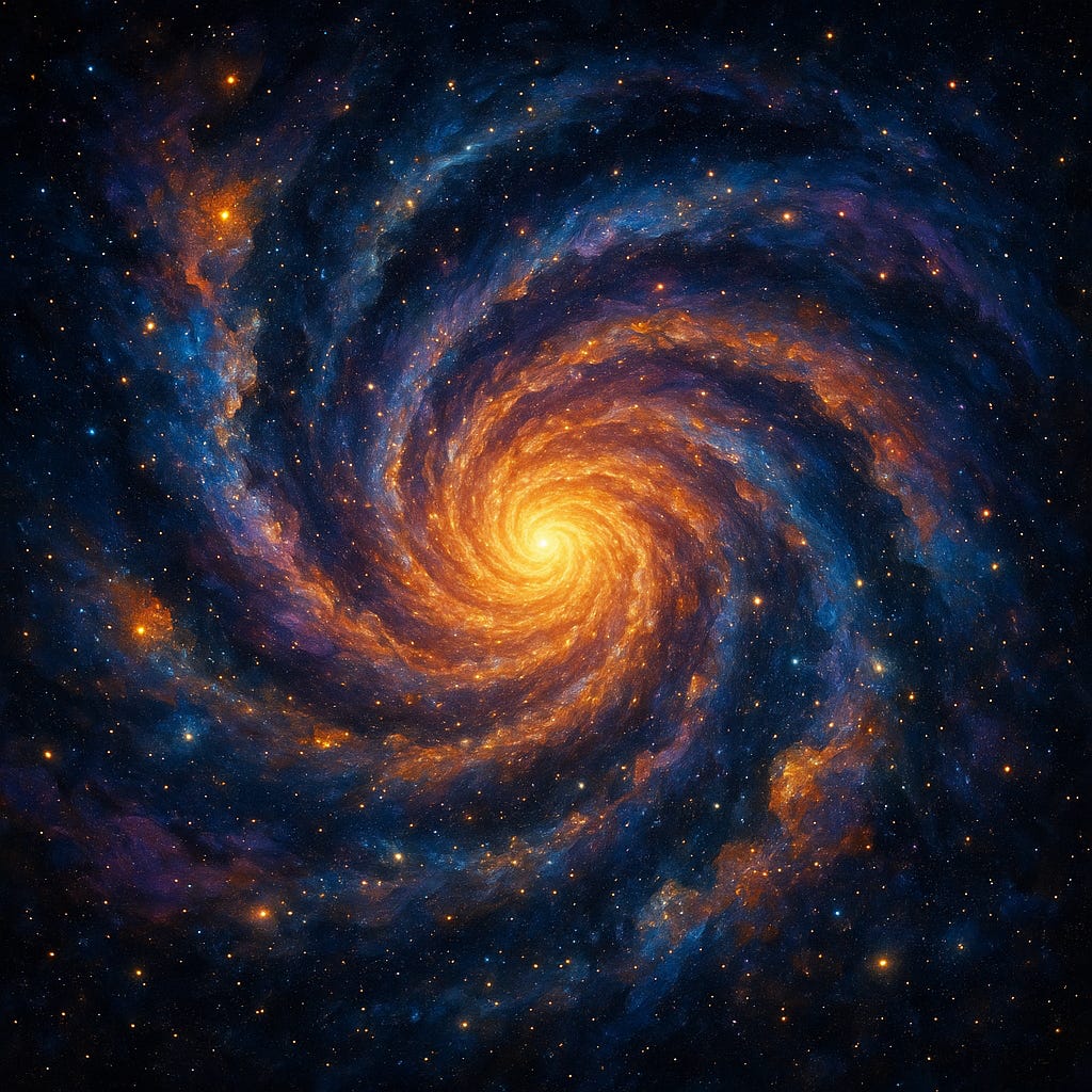 A highly detailed, square digital painting of a glowing spiral galaxy set against the deep black of space. The galaxy's luminous core radiates golden-orange light, with swirling arms of purple, blue, and pink nebulae extending outward. Countless stars are scattered across the image, creating a sense of vastness, mystery, and dynamic motion.