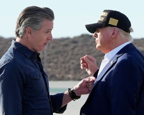 Donald Trump talks with California governor Gavin Newsom in Los Angeles in January.