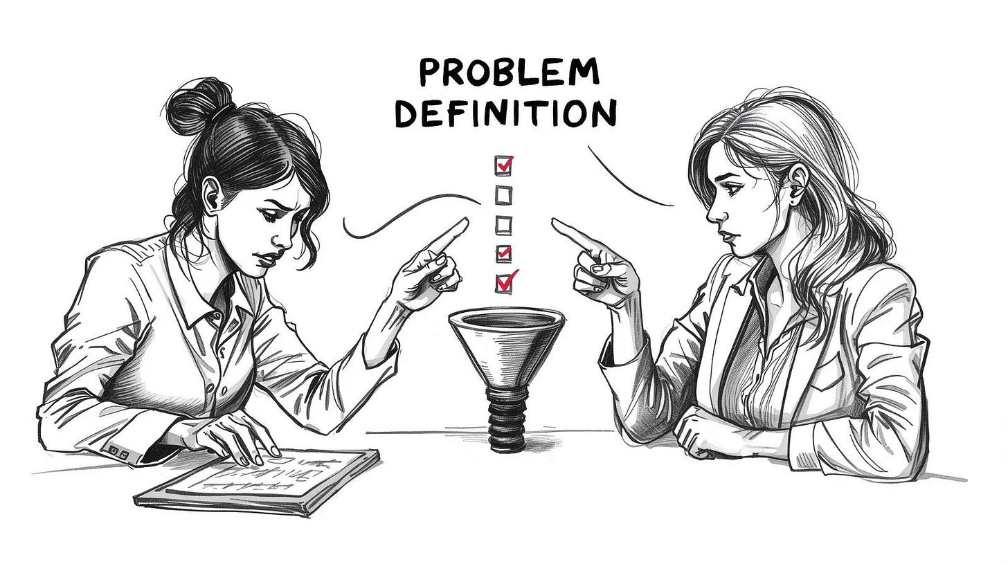 Minimal line art sketch illustration, two workers side by side, one frantically typing and checking boxes on tasks, the other calmly pointing upstream at a funnel labeled "problem definition," black and white with clean negative space, editorial style