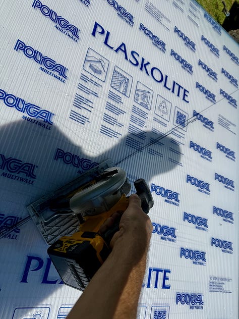 Mosaic of images showing polycarbonate panels being added to a greenhouse.